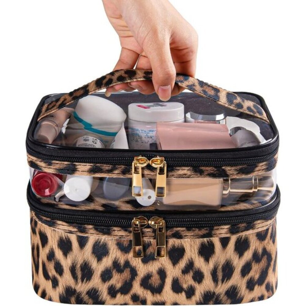 New Portable Double-layer Travel Cosmetic Makeup Bag for Women - Leopard - Picture 9 of 9